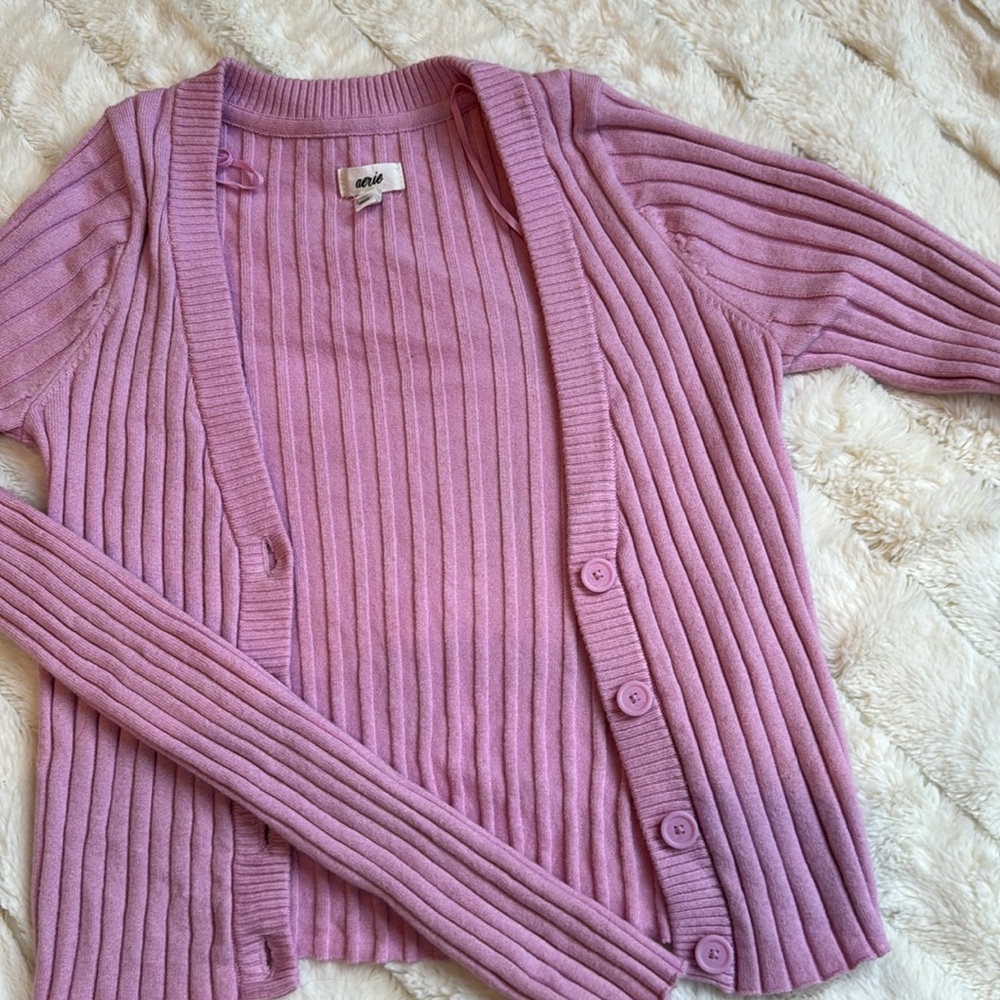 Aerie Pink Ribbed Button Up Sweater
